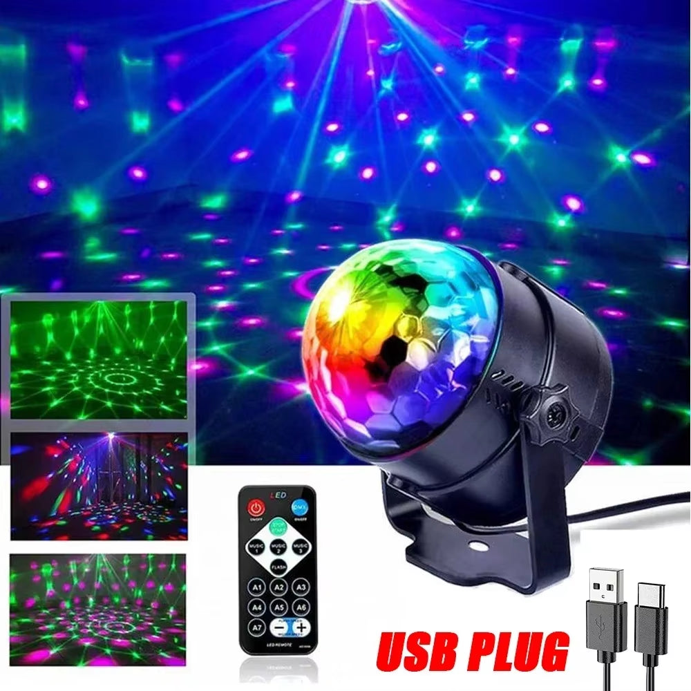 RGB Sound Activated LED Disco Ball Light with Remote Control Rotating DJ Stage Lamp for Home Car Party Club Christmas Decoration