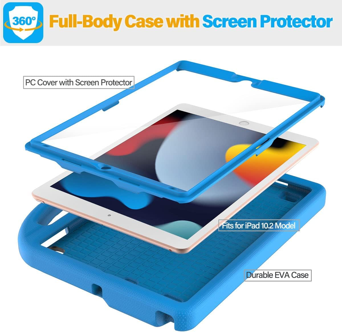 Kids Case for Ipad 9Th/8Th/7Th Generation - Ipad 10.2 Inch 2021/2020/2019 Case with Built-In Screen Protector, Durable Shockproof Handle Stand Kids Cover for Apple Ipad 7/8/9 Gen, Blue