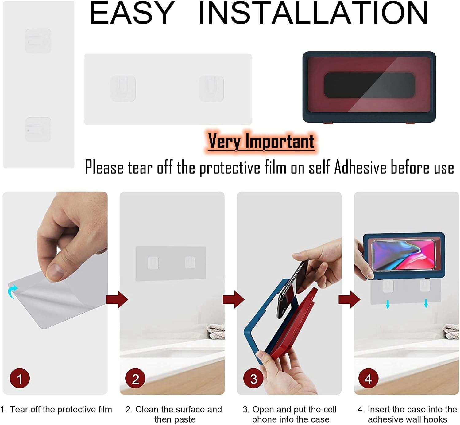 Shower Phone Holder Waterproof Wall Mount, Bathroom Mounted Case Shelf Stand Suction Cup, Adhesive Touchable Phone Cradle with Glass Mirror for Bathtub Kitchen Blue