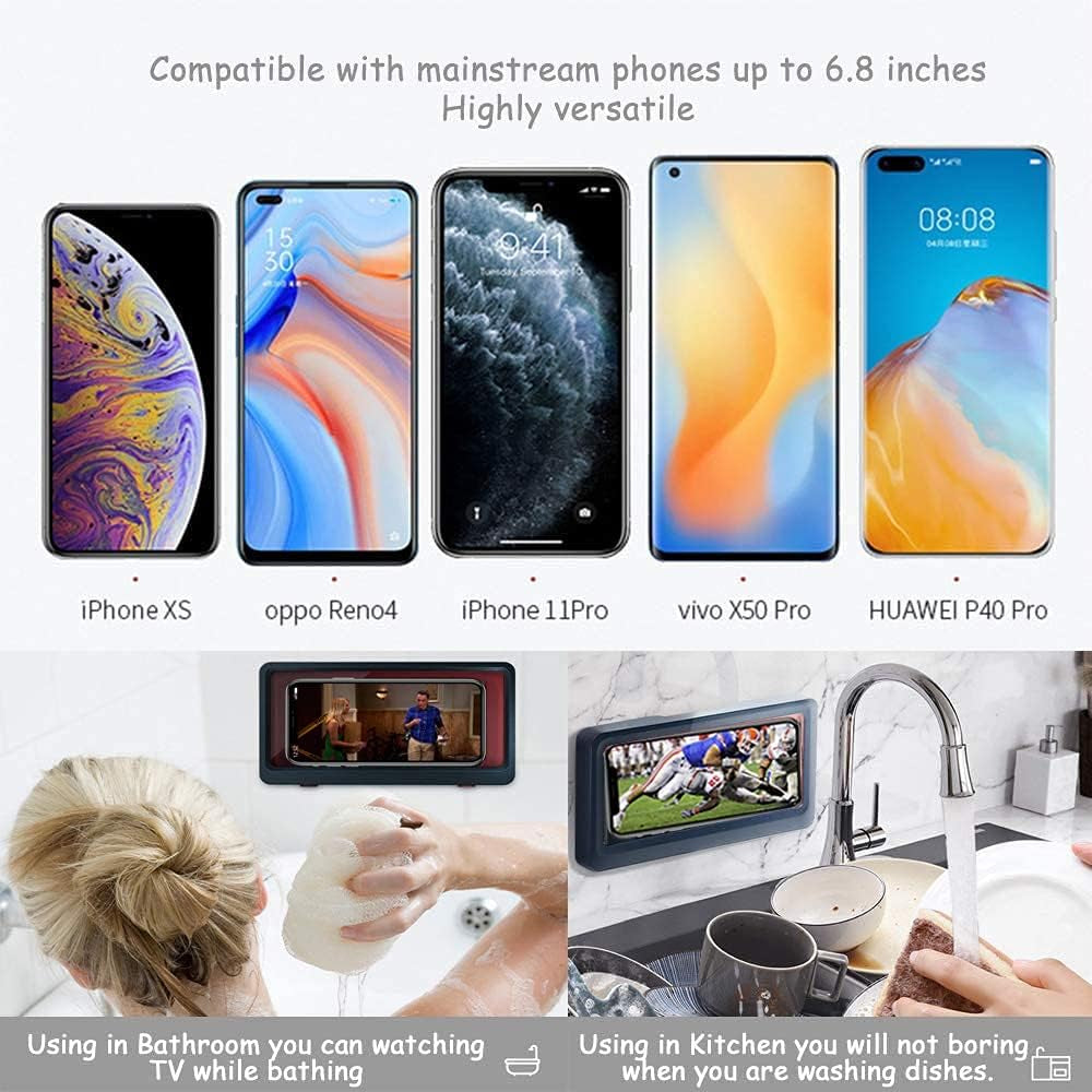 Shower Phone Holder Waterproof Wall Mount, Bathroom Mounted Case Shelf Stand Suction Cup, Adhesive Touchable Phone Cradle with Glass Mirror for Bathtub Kitchen Blue