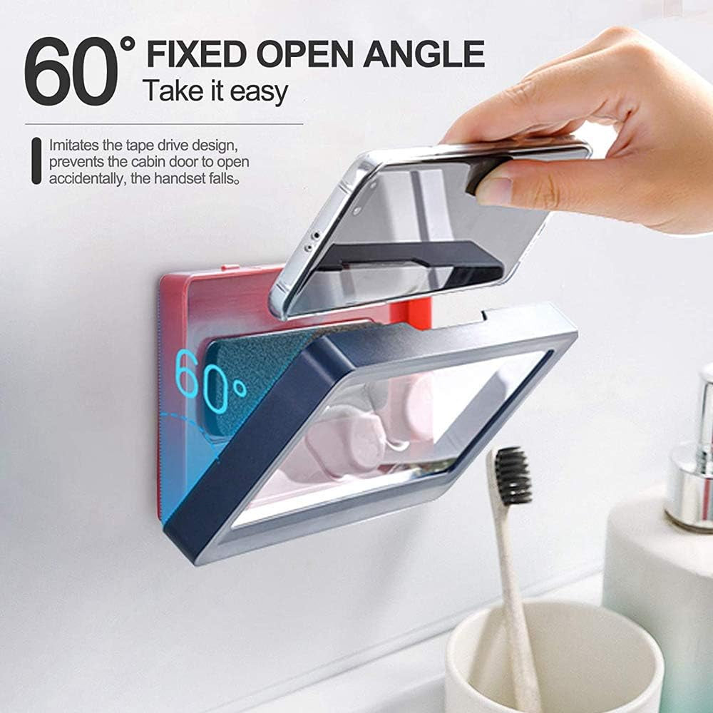 Shower Phone Holder Waterproof Wall Mount, Bathroom Mounted Case Shelf Stand Suction Cup, Adhesive Touchable Phone Cradle with Glass Mirror for Bathtub Kitchen Blue