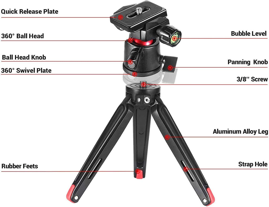 Tabletop Tripod, Mini Desktop Travel Tripod Aluminum Alloy with 360 Degree Ball Head and Quick Release Plate Lightweight and Portable for Compact Cameras Dslrs, Phone, Gopro（Black）- BUT2287