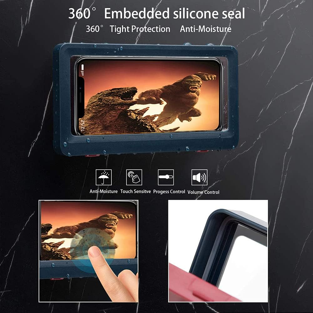 Shower Phone Holder Waterproof Wall Mount, Bathroom Mounted Case Shelf Stand Suction Cup, Adhesive Touchable Phone Cradle with Glass Mirror for Bathtub Kitchen Blue