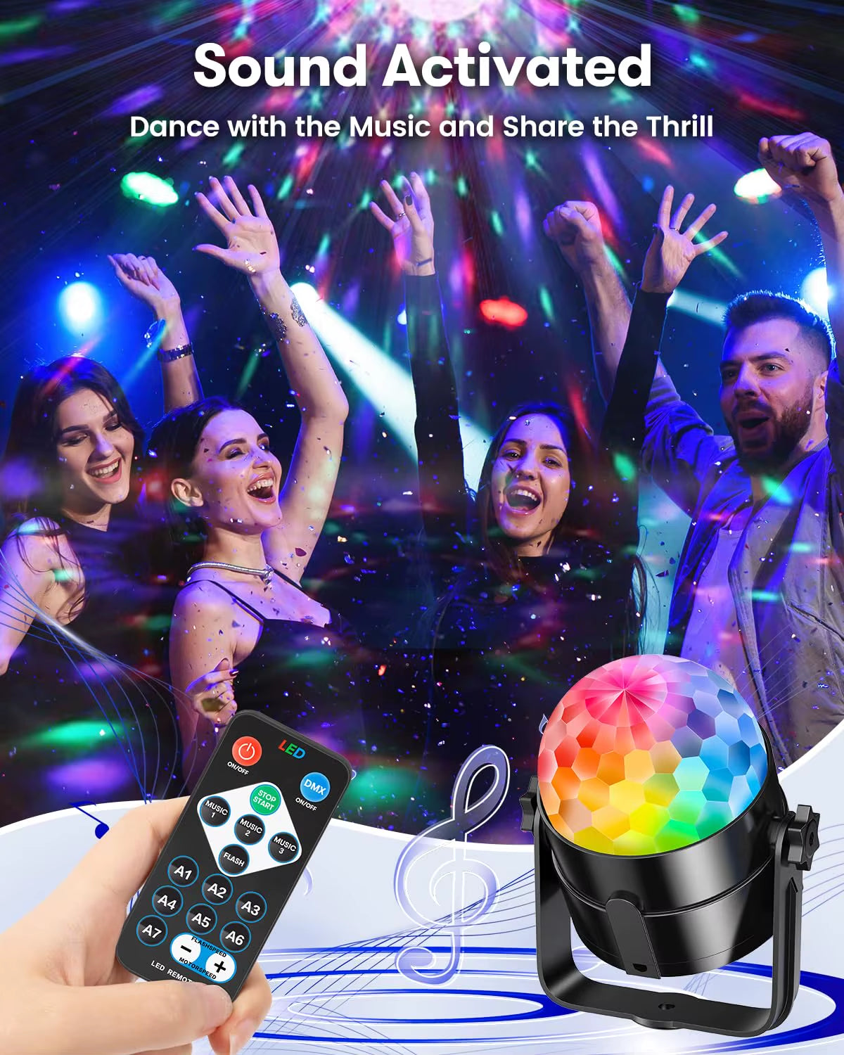 RGB Sound Activated LED Disco Ball Light with Remote Control Rotating DJ Stage Lamp for Home Car Party Club Christmas Decoration