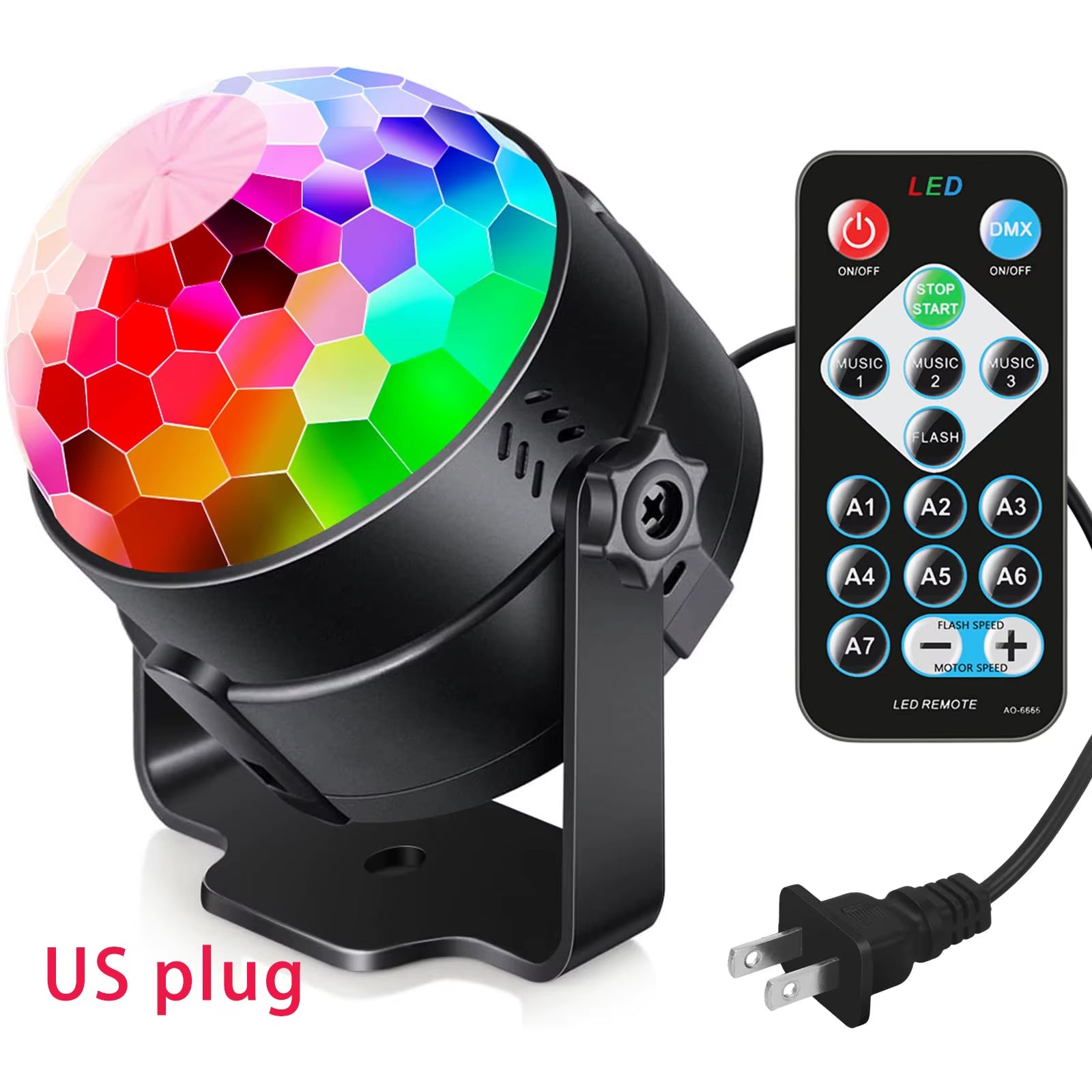 RGB Sound Activated LED Disco Ball Light with Remote Control Rotating DJ Stage Lamp for Home Car Party Club Christmas Decoration