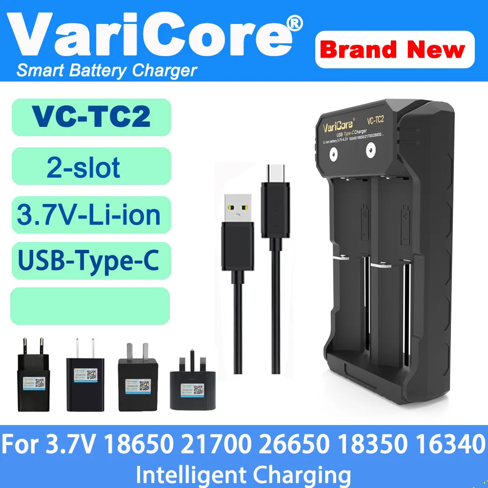 VCQ4 TC2 Intelligent Battery Charger Portable for 3.7V Lithium 18650 26650 21700 18500 18350 1.2V NI-MH Ni-Cd AA AAA