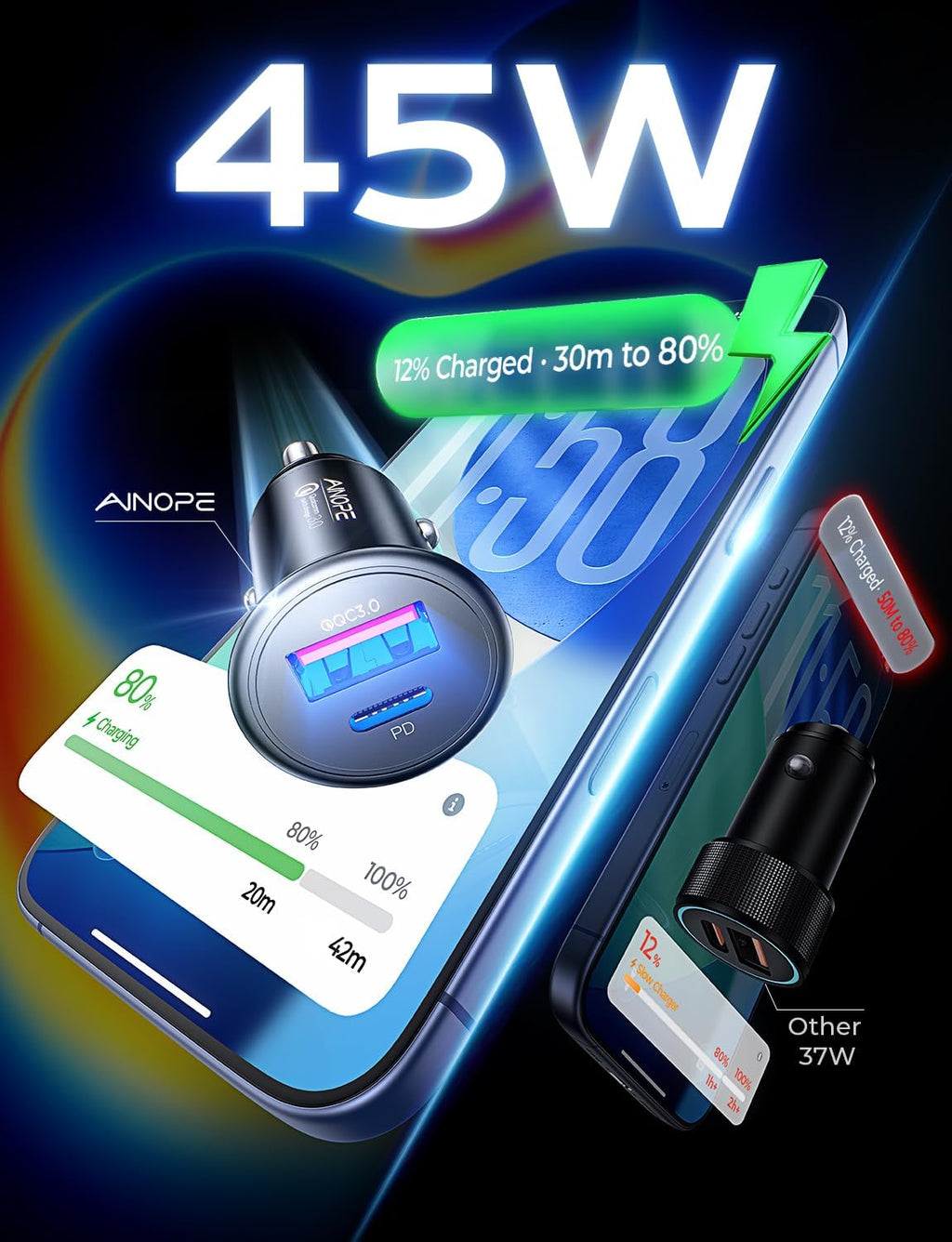 67.5W Car Charger USB C Fast Charge for Iphone 17 Pro, PD 45W USB C Car Charger Adapter, All Metal Cigarette Lighter Adapter for Iphone 17 Pro Max 16 15 Air Samsung S25 Android