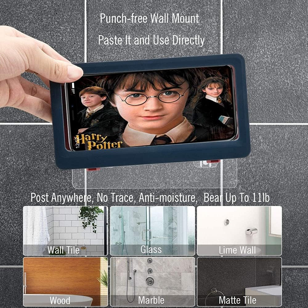 Shower Phone Holder Waterproof Wall Mount, Bathroom Mounted Case Shelf Stand Suction Cup, Adhesive Touchable Phone Cradle with Glass Mirror for Bathtub Kitchen Blue