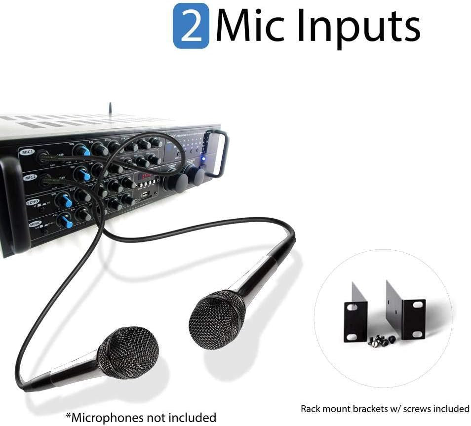 Dual Channel Bluetooth Mixing Amplifier - 2000W Rack Mount Karaoke Sound Mixer Audio Home Stereo Receiver Box System W/ RCA, USB, AUX - for Speaker, PA, Home Theater, Studio/Stage - PMXAKB2000