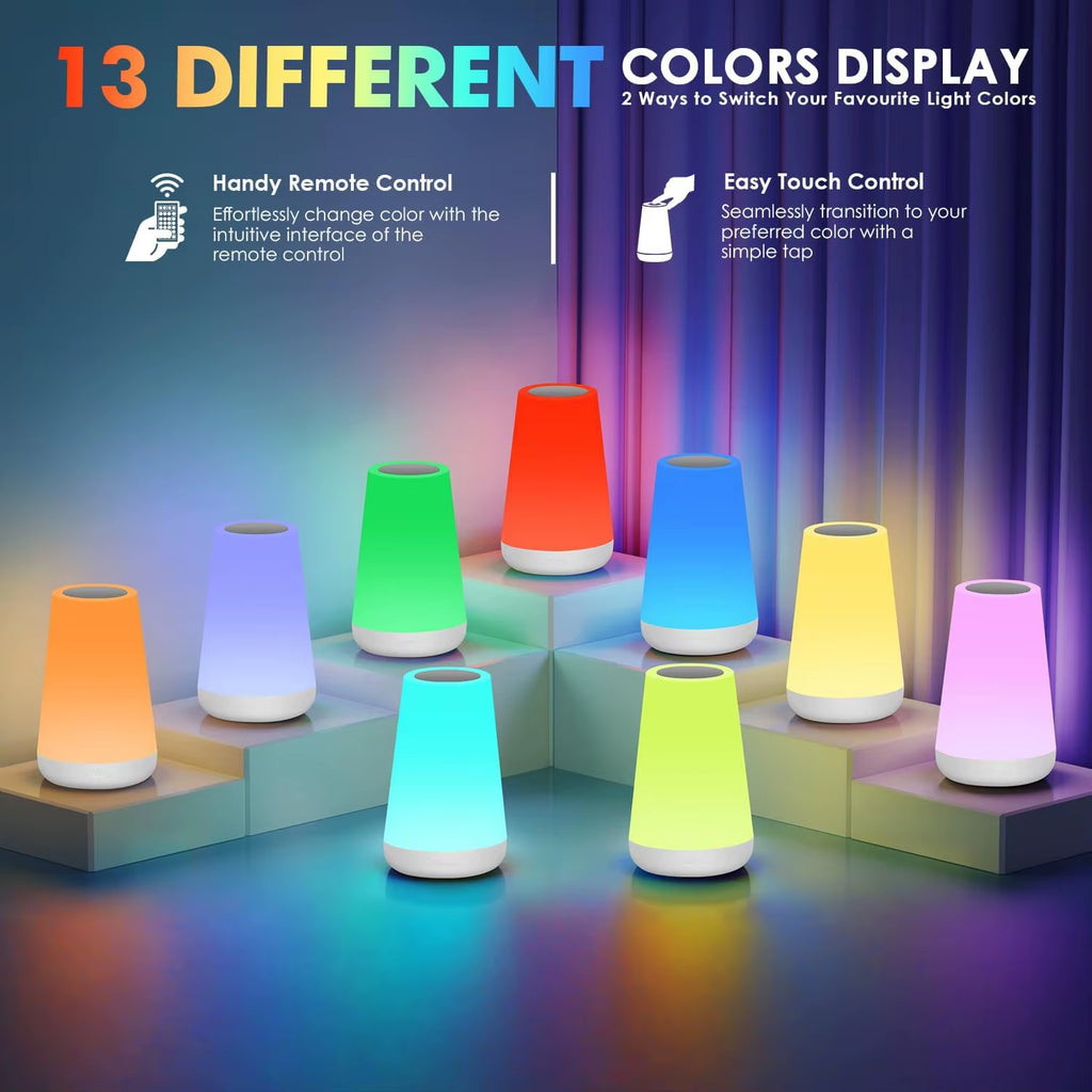 LED 13 Color Changing Night Light Remote Control Touch USB Rechargeable RGB Night Lamp Dimmable Lamp Portable Table Bedside Lamp