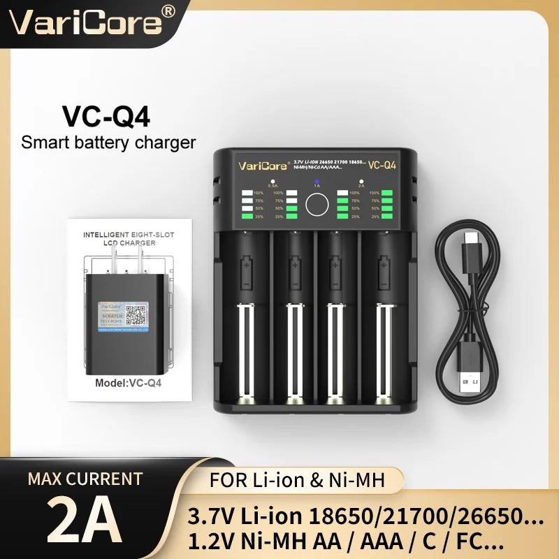 VCQ4 TC2 Intelligent Battery Charger Portable for 3.7V Lithium 18650 26650 21700 18500 18350 1.2V NI-MH Ni-Cd AA AAA