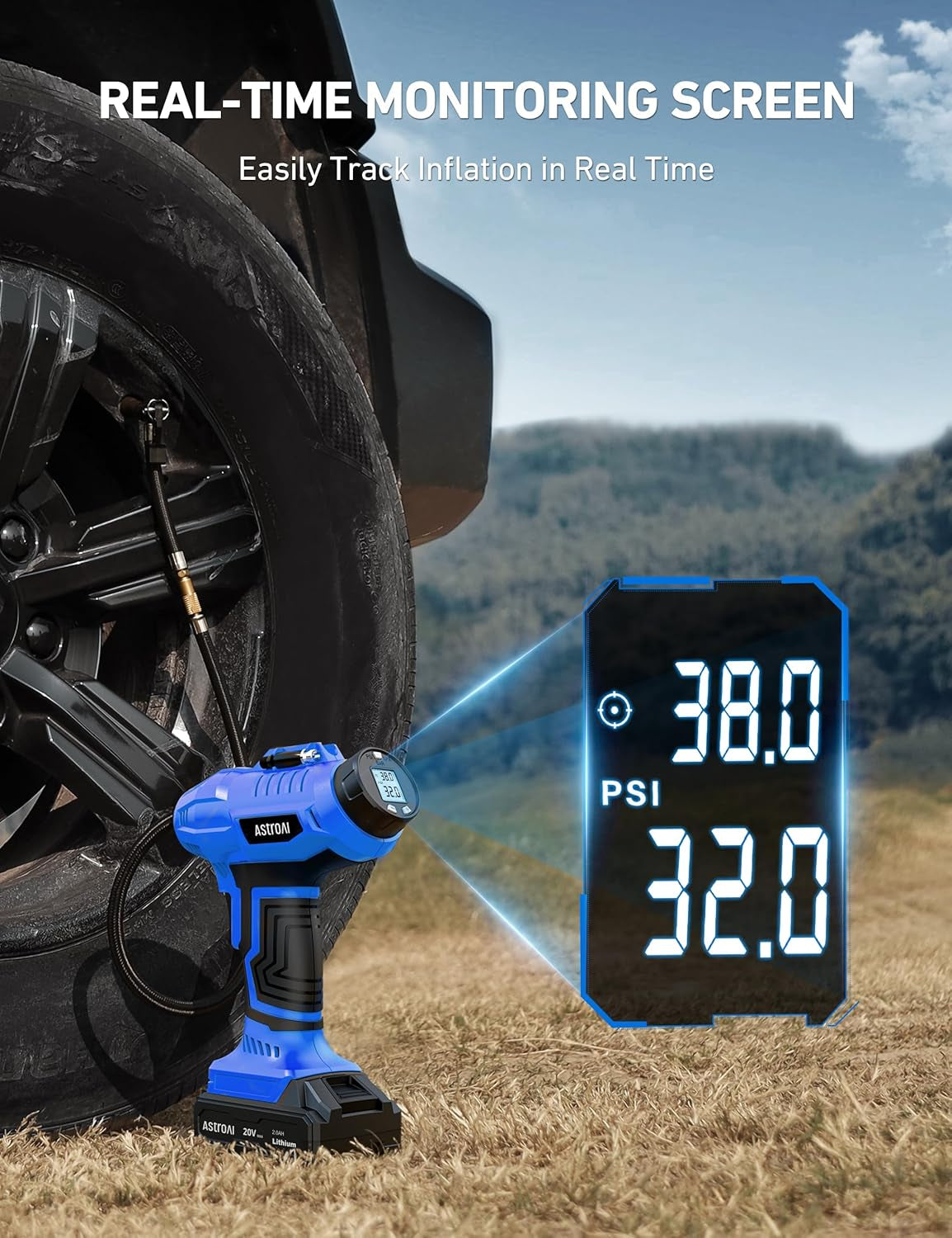 C2 Cordless Tire Inflator Air Compressor 20V Rechargeable Battery Powered 160PSI Portable Handheld Air Pump with 12V Car Power Adapter Digital Pressure Gauge for Cars Motorcycles Blue