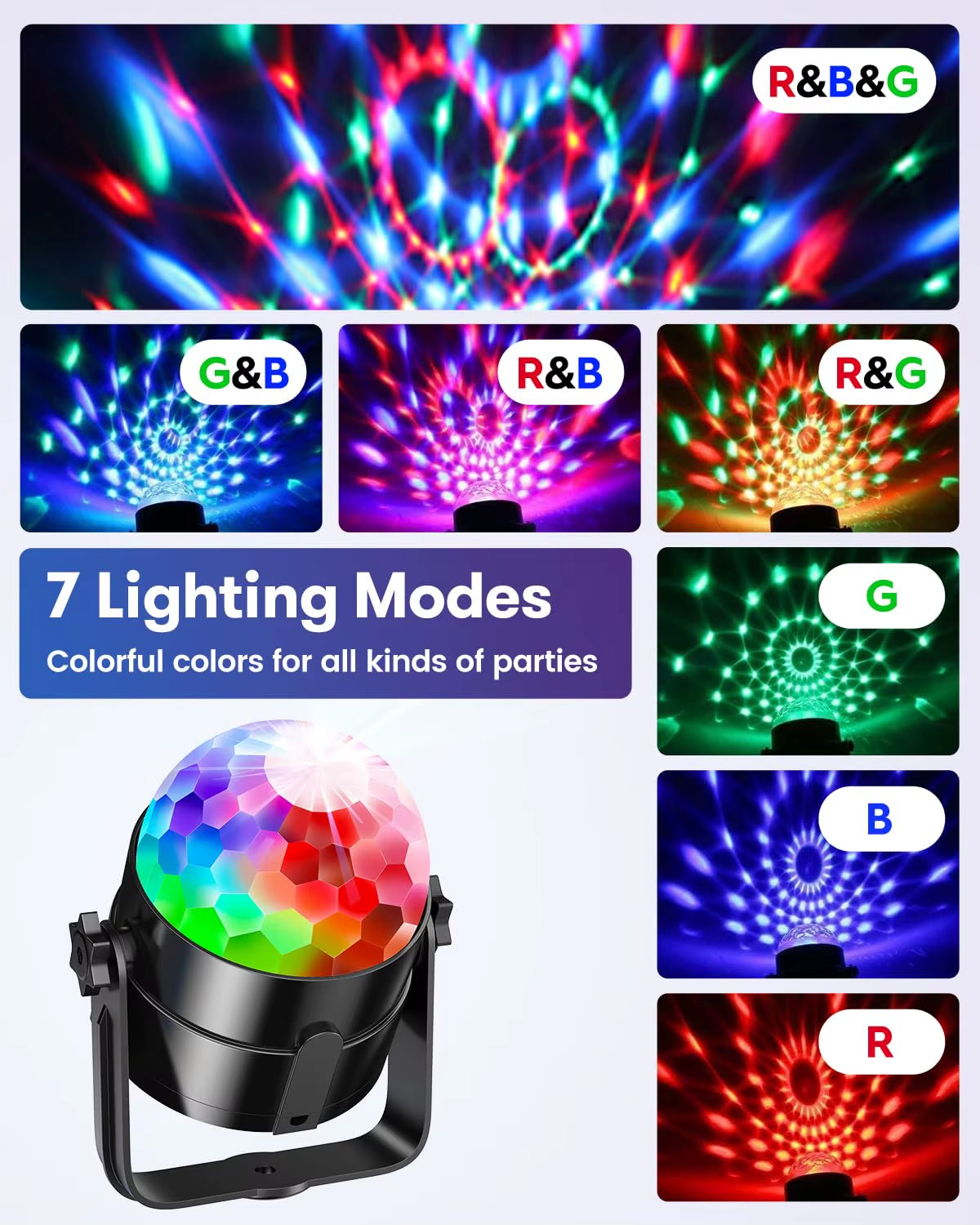 RGB Sound Activated LED Disco Ball Light with Remote Control Rotating DJ Stage Lamp for Home Car Party Club Christmas Decoration