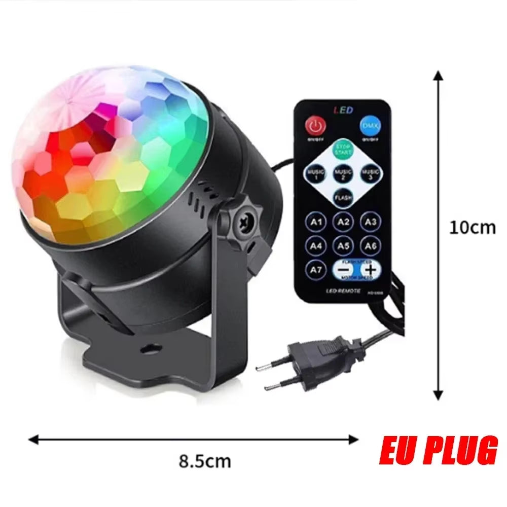 RGB Sound Activated LED Disco Ball Light with Remote Control Rotating DJ Stage Lamp for Home Car Party Club Christmas Decoration