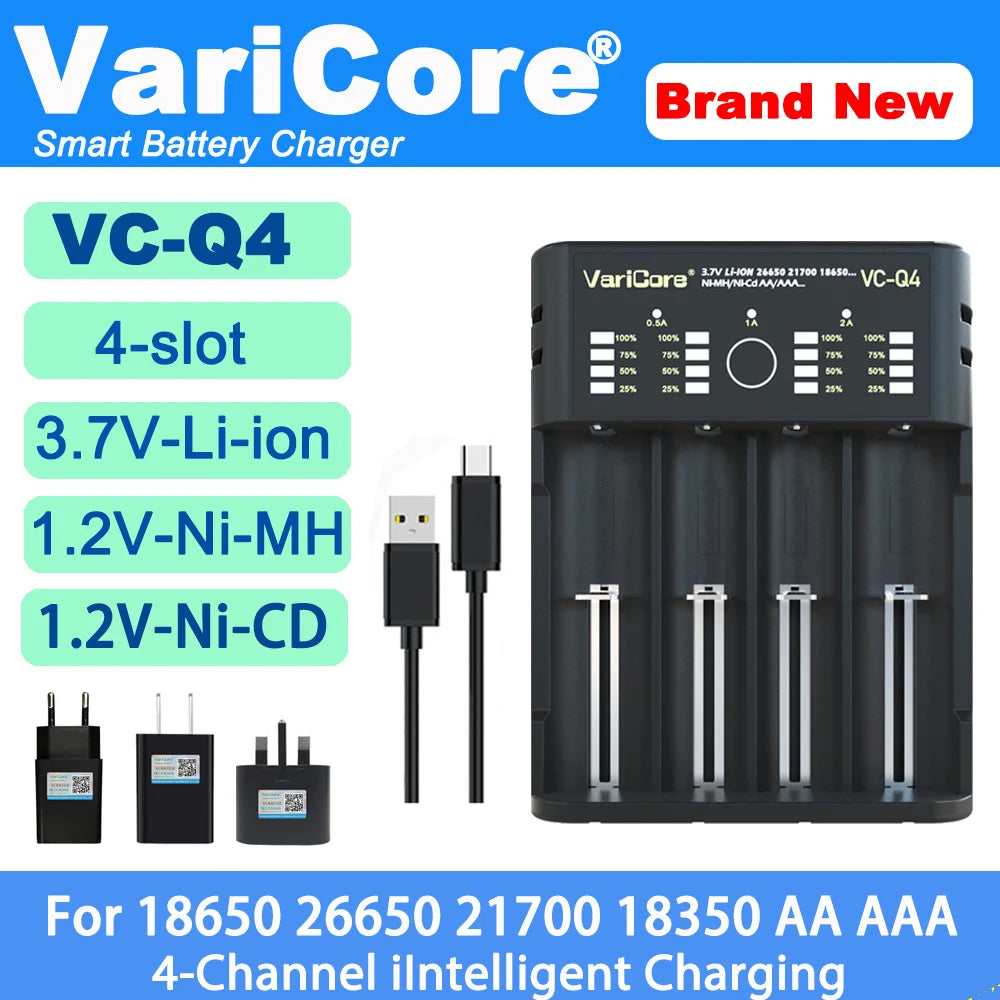 VCQ4 TC2 Intelligent Battery Charger Portable for 3.7V Lithium 18650 26650 21700 18500 18350 1.2V NI-MH Ni-Cd AA AAA